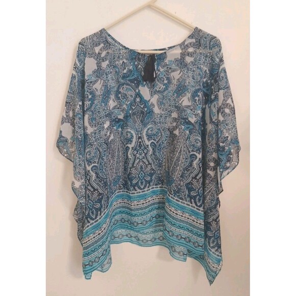 Chico's Floral Pullover Tunic Scarf Top Womens L/XL Blue White Boho Hippie - Picture 1 of 9